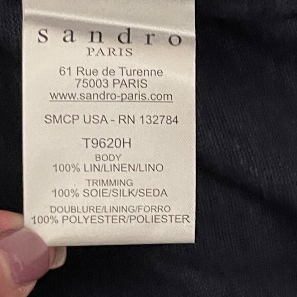Sandro Paris Medium Large Long Sleeve V Neck Navy Linen Silk Blend Top - Picture 6 of 7